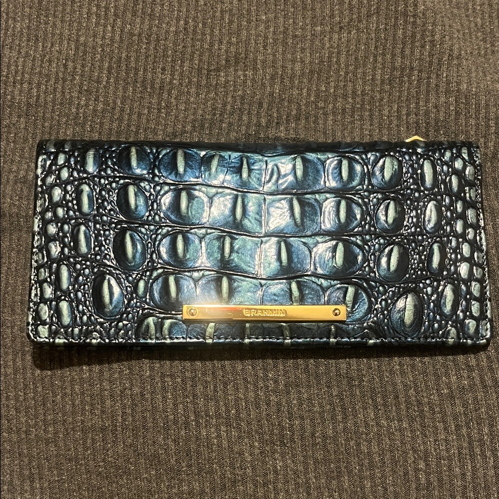 Brahmin Croc-Embossed Blue Wallet with Gold Plaque